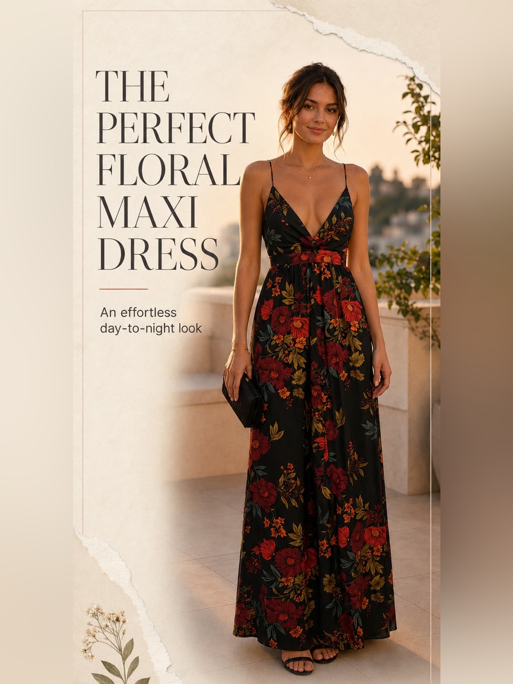 V-Neck Black Floral Maxi Dress with Spaghetti Straps